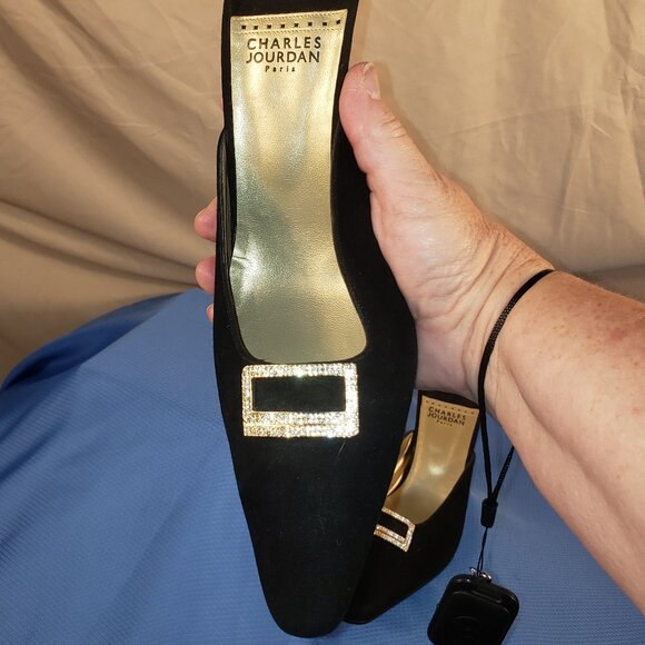 Charles Jourdan Black Suede Mules with Jeweled Accent Size 10B - Picture 8 of 8
